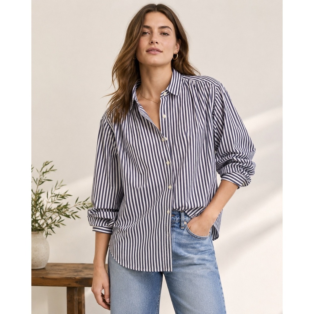 THE GREAT. Navy White Striped Cotton Button Down Shirt Size 2 Relaxed Fit